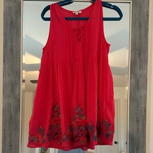 Umgee Red Sleeveless Dress with Floral Embroidery